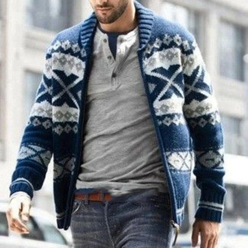 Men's Sweater Cardigan 2023 Autumn And Winter New Fashion Lapel Zipper Print Casual Large Size Sweater