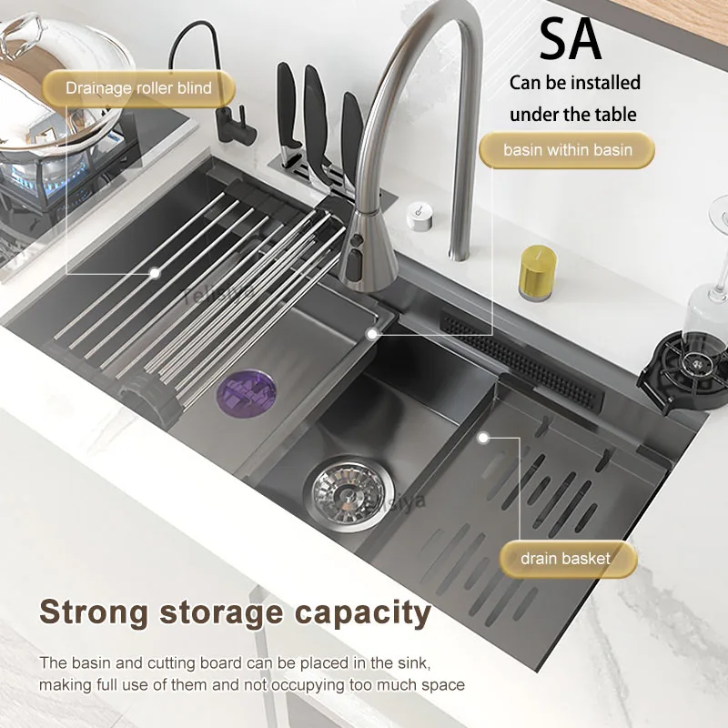 Stainless Steel Kitchen Sink Big Waterfall Sink Super Large Single-slot Household Wash Basin Multi-functional Washing Pond