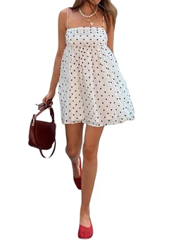 Women s Polka Dot Print Sleeveless Tie Strap A-Line Dress with Square Neckline Summer Mini Dress for a Chic Look 4