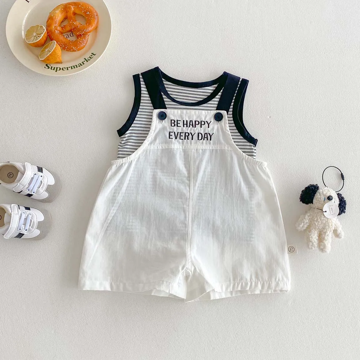 Children's vest set Korean version letter embroidered overalls summer new striped sleeveless top outdoor two-piece set