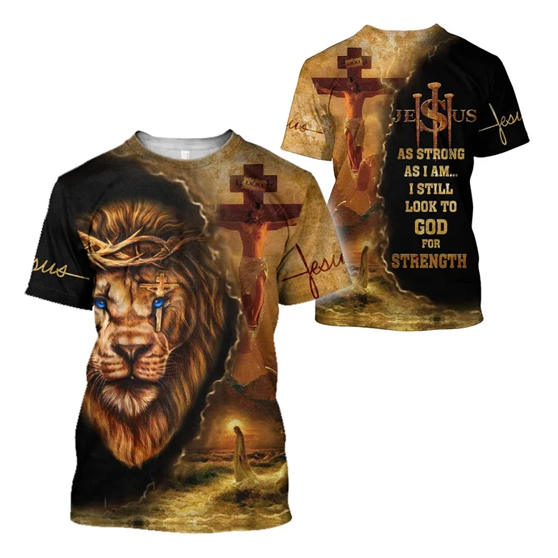 Jesus Cross Lion 3D Printed T-shirt Crusader Templar Men\'s Fashion Crew Neck Short Sleeve Handsome Personality Casual Daily Top