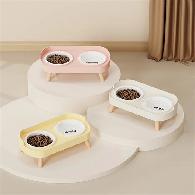 Pet cat double bowl feeder, adjustable height cat and dog water dispenser, elevate feeding kitten supplies