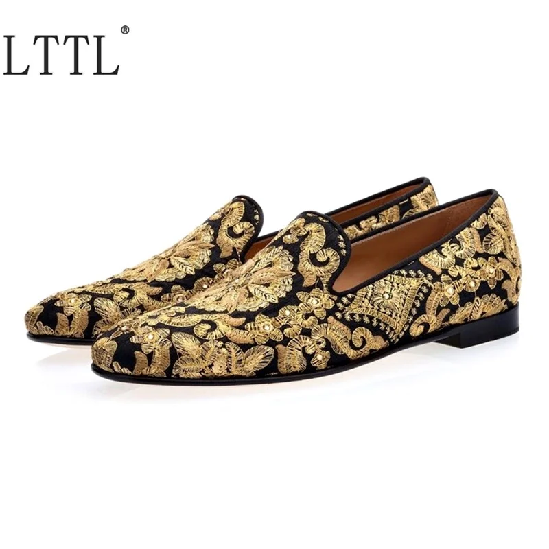 Luxury Gold Embroidery Canvas Shoes Men Rhinestone Loafers Party And Wedding Shoes Summer Flats Casual Shoes