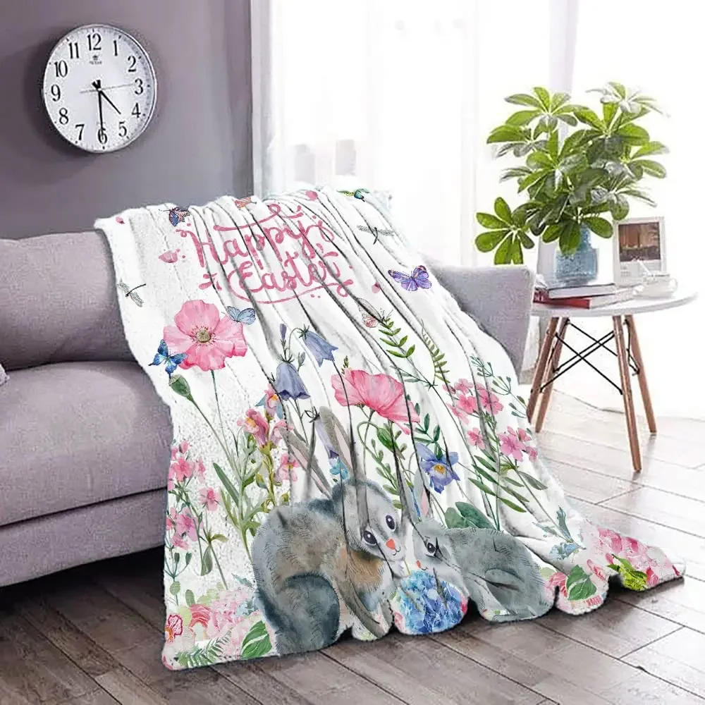 Happy Easter Flannel Throw Blanket Soft Warm Blanket, Bunny Tail Stripes Eggs Teal Wooden Grain Blankets for Bedroom Couch Sofa 2
