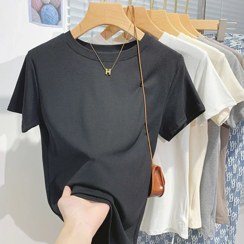 2026 New Women's 100% Cotton T-shirt Bottoming Basic Solid Lady Short Sleeve Tops Shirts Summer T Shirt 6