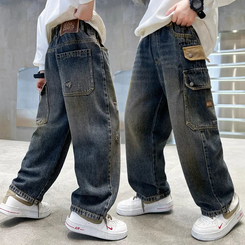 Korean Boys' Jeans Version Of Boys Wide Leg Pants Boys' Jeans Children's Side Pockets Kid Denim Cargo Pants - Image 2