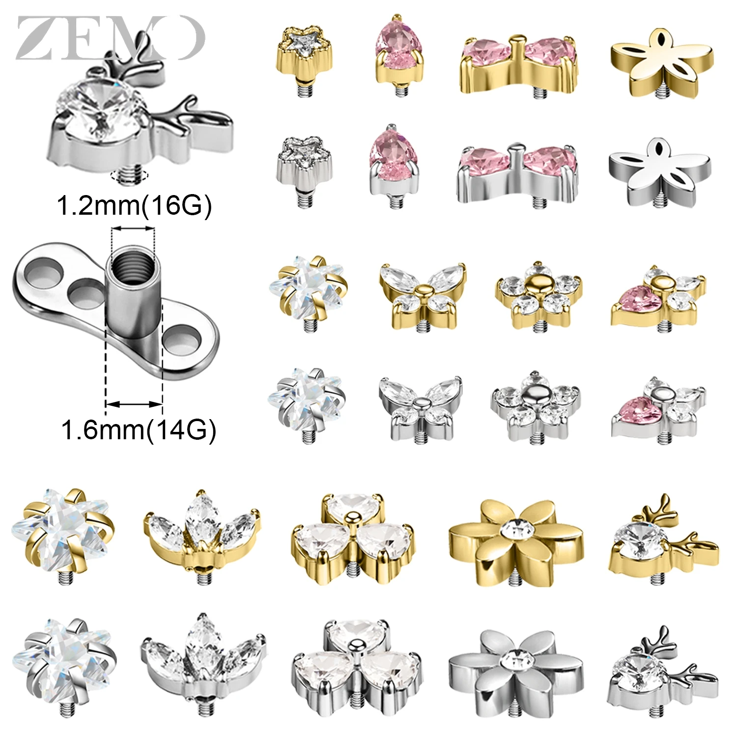 ZEMO 1 PC 16G 스테인레스 스틸 피부 앵커 탑 여성 남성 CZ 크리스탈..