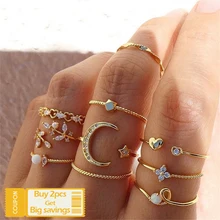 Bohemian Gold Chain Rings Set For Women Fashion Boho Coin Moon Heart Butterfly Rings Party 2022 Trend Jewelry Gift