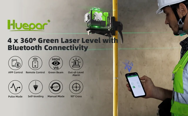  Huepar 16 líneas de nivel láser autonivelante de 4 x 360 ° con  receptor - pantalla LCD, herramienta láser de suelo de azulejos de haz  verde Bluetooth 4D, kit láser horizontal/vertical