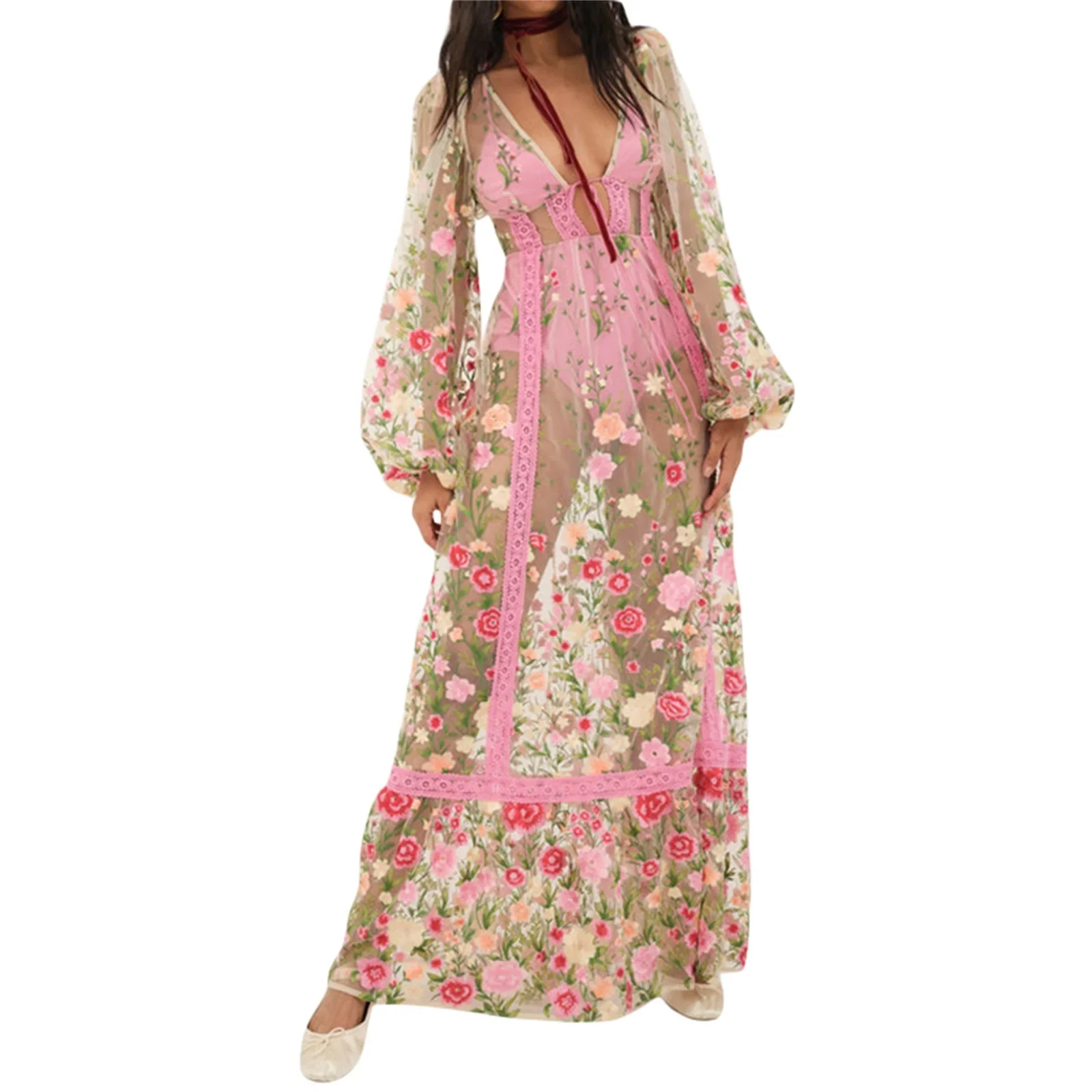 Women's Clothing Summer 2024 Trend Sweet Long Beach Dress Long Sleeve V Neck Backless Floral Embroidered Bikini Cover Up 5