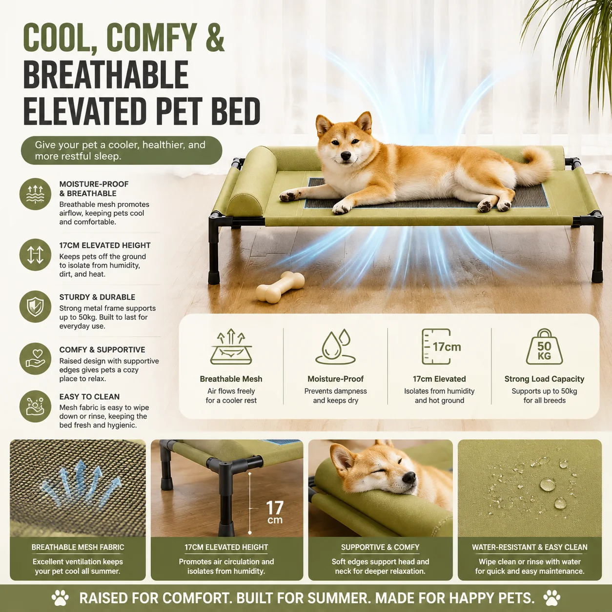Elevated Dog Bed Raised Mesh Pet Cot Breathable Cooling Pet Bed with Pillow Washable Outdoor Indoor Bed for Medium Large Dogs