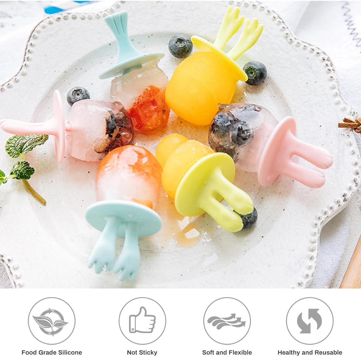 Ice Mold Ice Cream Molds Leeseph Popsicle Mold Kids Baby Cute Animal Shape Reusable DIY 6 Cavities Homemade Silicone Popsicle Maker