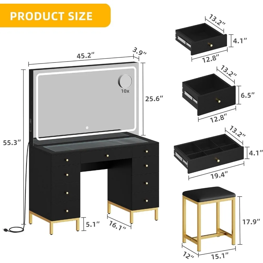 Large Black Makeup Vanity Desk Set with LED Mirror & Charger Station, Glass Top Vanity with 9 Drawers and Adjustable 4