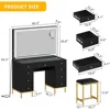 Large Black Makeup Vanity Desk Set with LED Mirror & Charger Station, Glass Top Vanity with 9 Drawers and Adjustable 4
