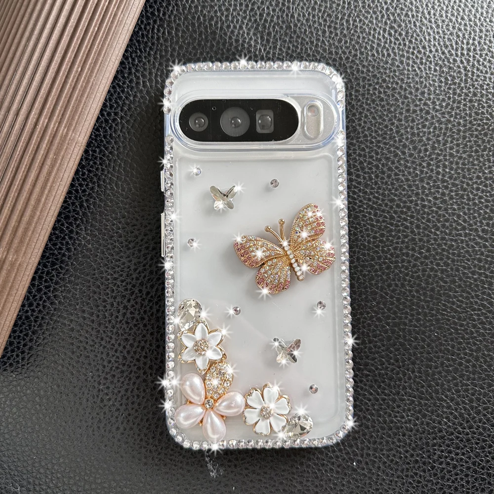 Glitter Rhinestone Butterfly Flower Case Bling Diamond Transparent Cover For Google Pixel 9 Pro XL 8Pro 8A 7Pro 7A 6Pro 6A 5A