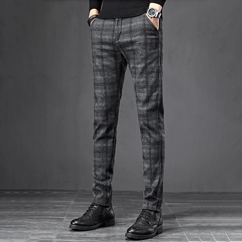 

2022 Winter Trendy Plaid Brushed Thicken Warm Stretch Pants Men's Elegant Business Casual Slim Fit Fleece Liner Trousers