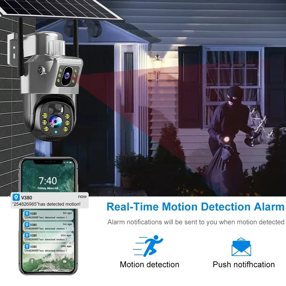 4K 8MP Solar Camera Outdoor Battery 4G/WiFi IP Cam Dual Lens Security-Protection PIR Auto Tracking Wireless Surveillance CCTV