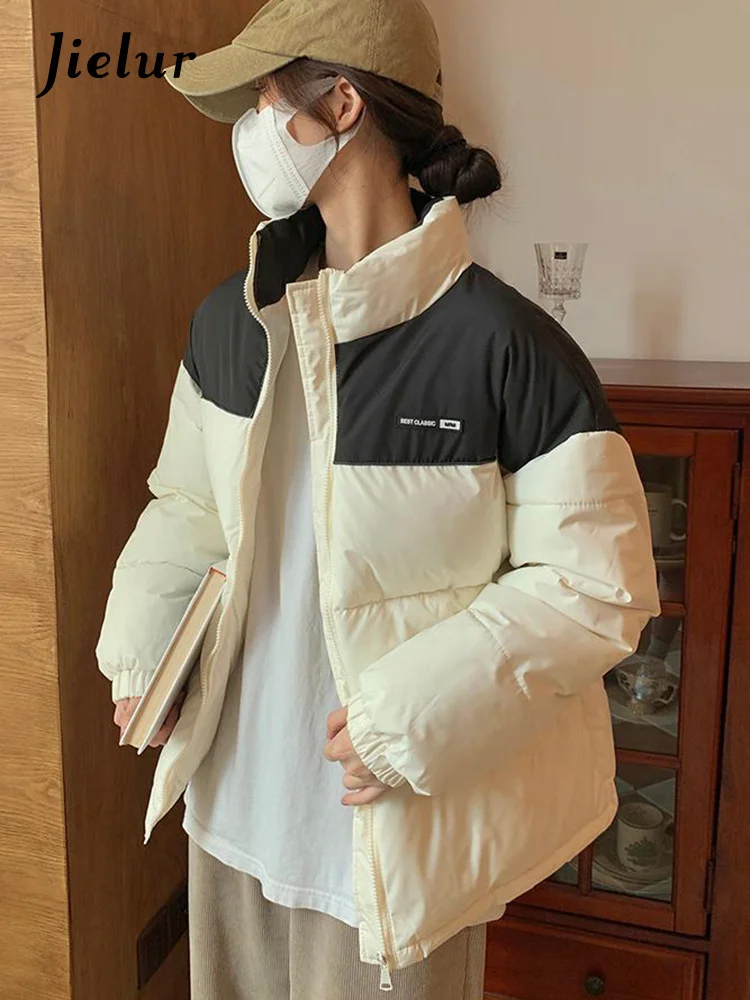 

Contrast Color Fashion Slim Warm Thick Loose Female Parkas Simple Zipper Casual Chic Pockets Long Sleeves Women Parkas