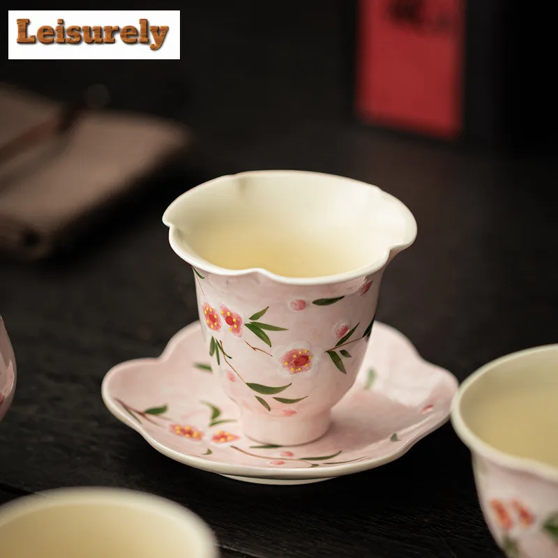 Hand-painted Peach Blossom Teacup Ancient Tea Bowl Cup For Tea Tea-tasting Personal Cup Jianzhan Master Cups Tea Services Saucer
