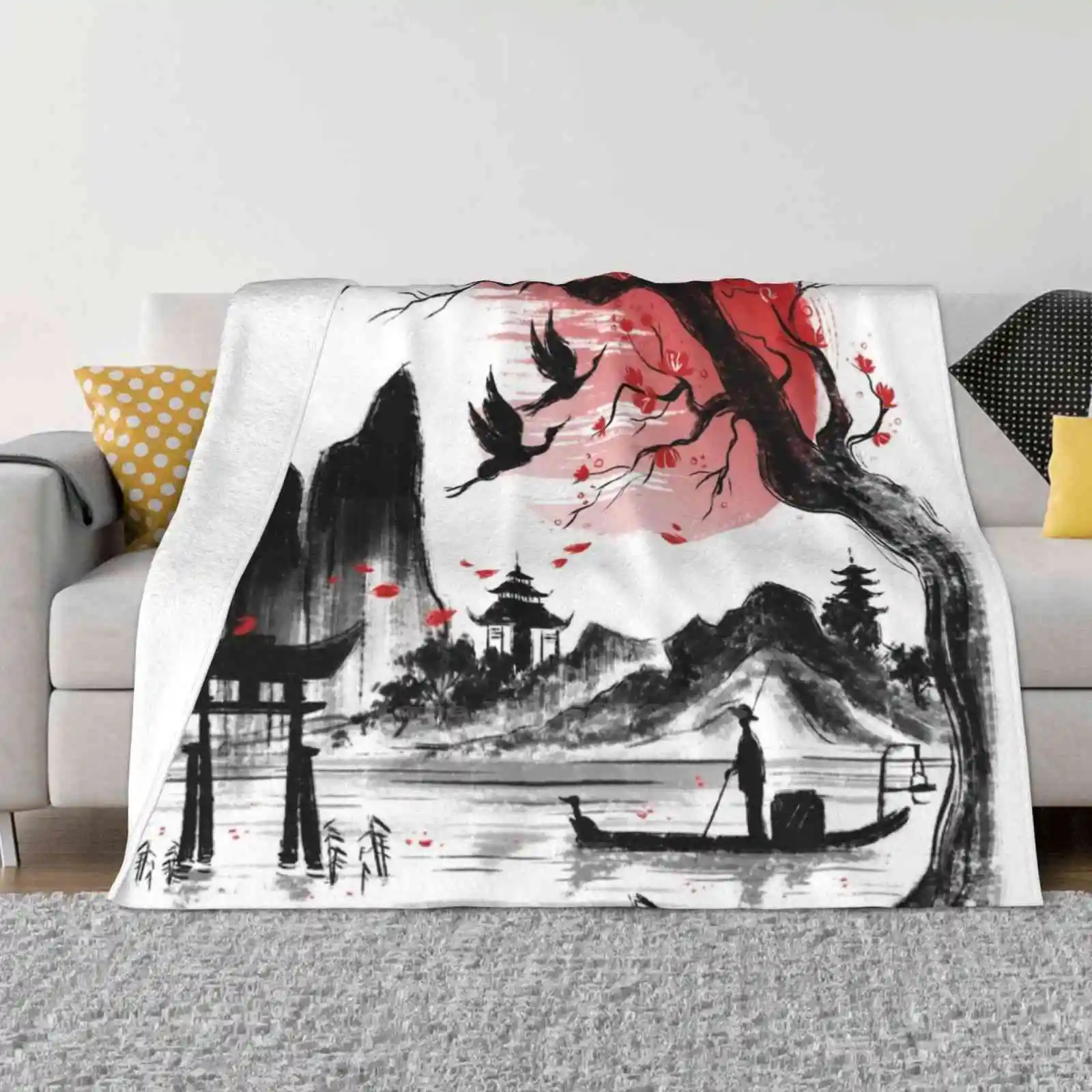 

Japan Dream Blanket Soft Warm Travel Portable Blanket Japan Sketch Landscape Red Sun Sakura