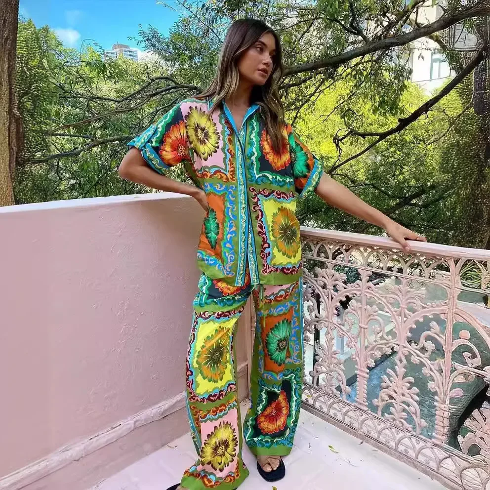 New Two Piece Casual Set Womens Summer Print Shirt with Wide Leg Pants for Beach Holiday