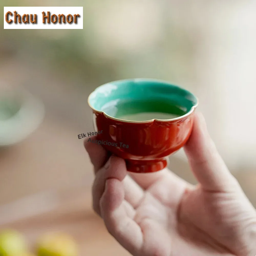 2pc/set Palace Museum Red Ceramic Tea Cup Small High Petal Cup Drinking Chinese Porcelain Kung Fu Set Master Single Cup 40ml