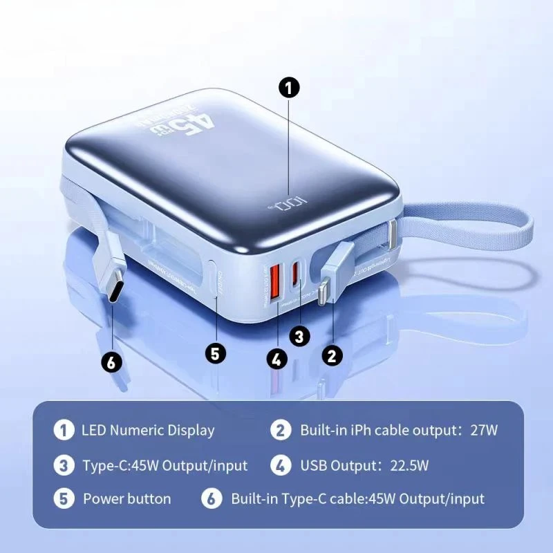 For Xiaomi 45W 20000mAh Power Bank USB C Cable External Battery Portable 10000mAh Fast Charger For Laptop Macbook iPhone Samsung