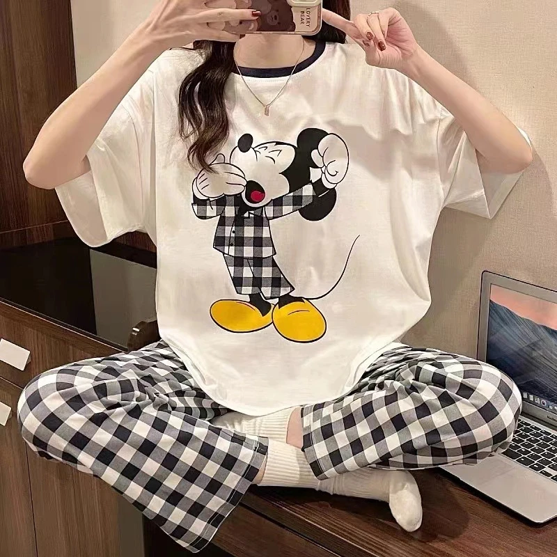Cartoon Mickey Winnie Snow White Pajamas Ladies Summer Short Sleeves Cute Pants Thin Girls Loose Homewear Pajamas Set