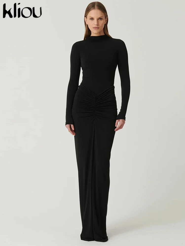 kliou Shirring Women Classic Maxi Dress Autumn New Solid Long Sleeve High Collar Body-shaping Vestidos Mujer Concise Trend Robe 6