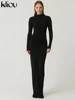 kliou Shirring Women Classic Maxi Dress Autumn New Solid Long Sleeve High Collar Body-shaping Vestidos Mujer Concise Trend Robe 6