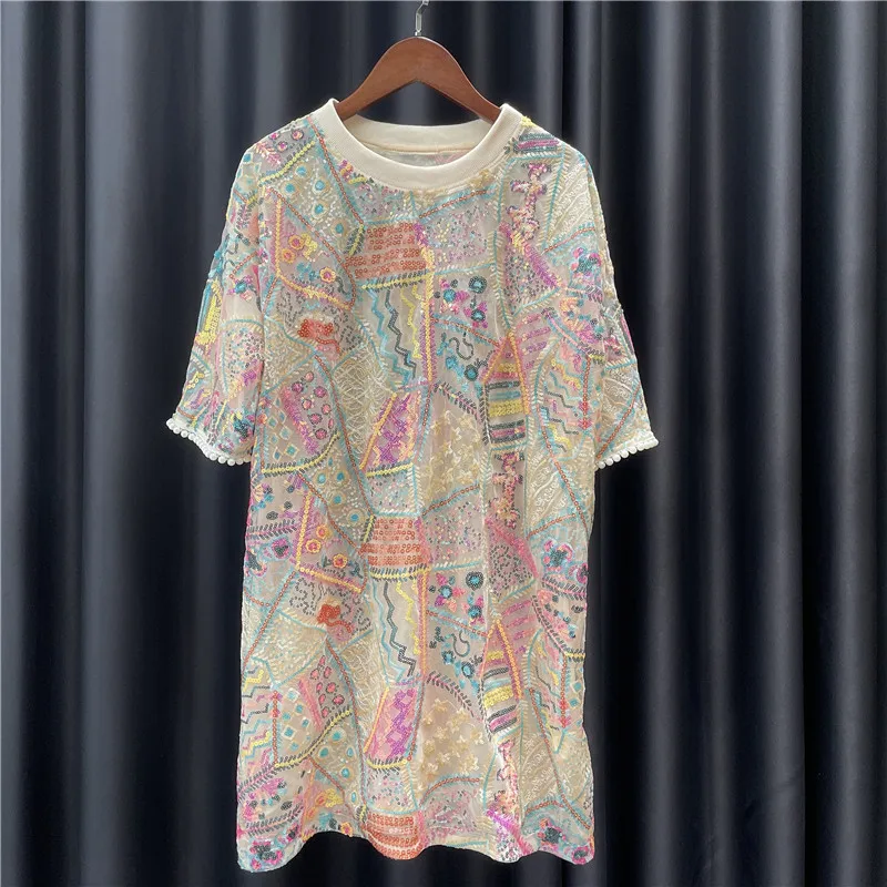 Le Donne Che Bordano Paillettes Bling Long Tees Dress Chic Lady T-Shirt Ricamo Mesh T-Shirt Larghe Top T-Shirt Con Paillettes Dress