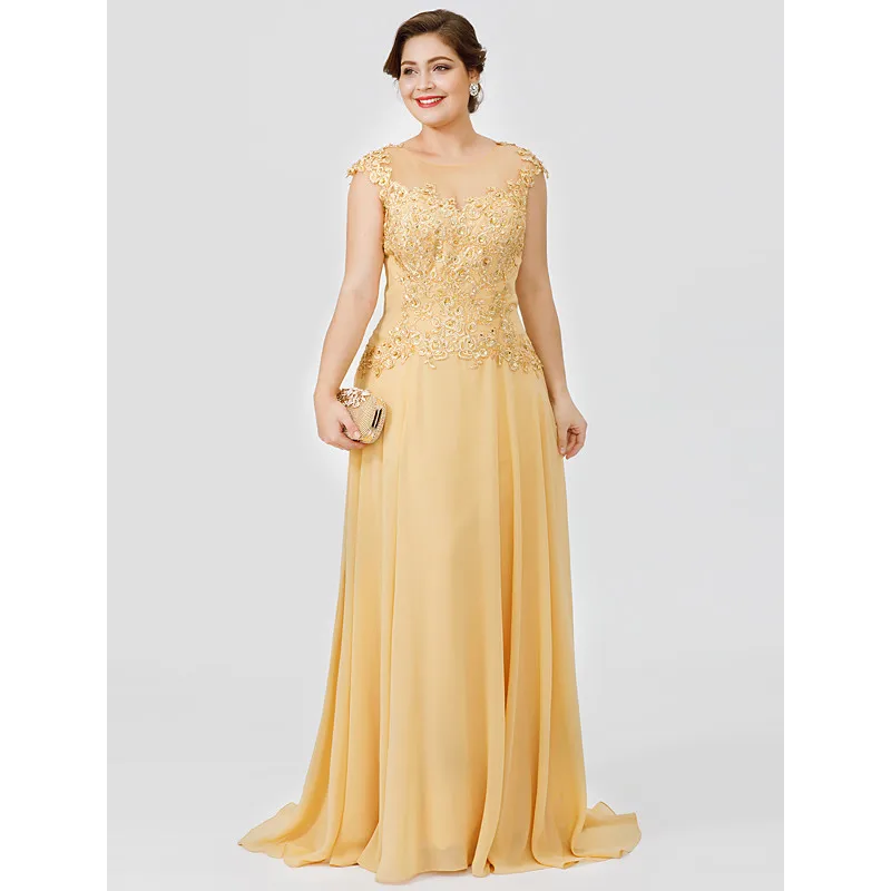 

Plus Size Lace Long Mother Of The Bride Groom Dresses for Wedding Gold Chiffon Appliques Cap Short Sleeves Guest 2023