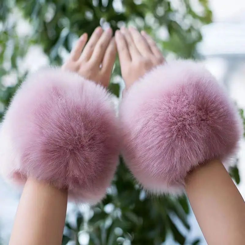 Women Knitted Faux Rabbit Fur Mittens Plush Glove Winter Warm Lady Fingerless Gloves Female Half Finger Touch Screen Work Gloves