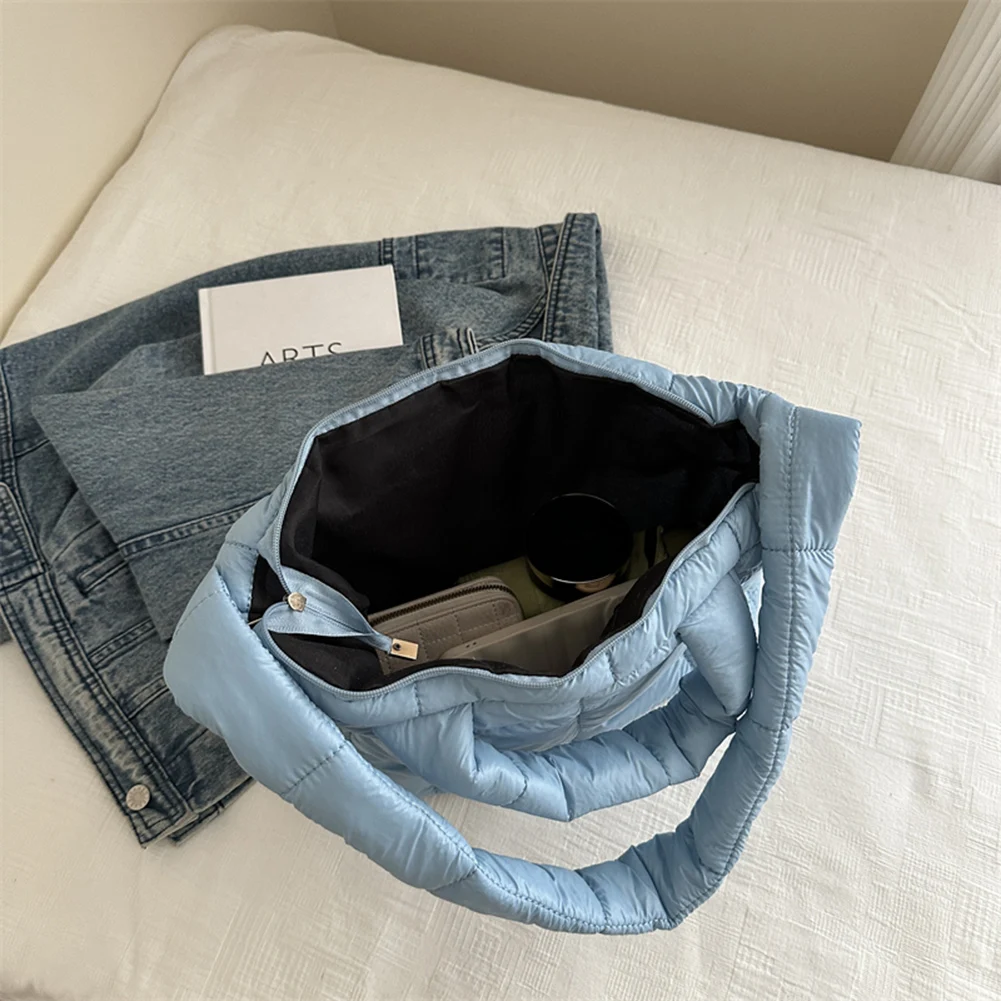 Women Quilted Shoulder Bag Large Capacity Puffer Tote Handbag Solid Color Quilted Top Handle Bag Ladies Commute Bag