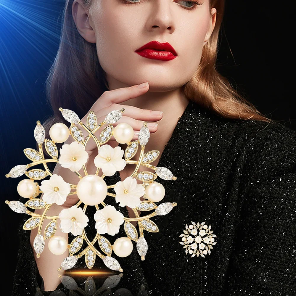 

Camellia shell brooch for Women Round Flower Brooches Pearl Zircon Inlaid Clothing Pins Luxury Jewelry Accessories Women’s Gifts