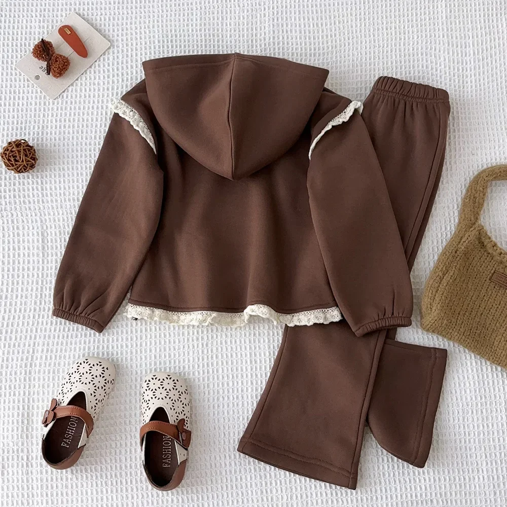 Khaki Autumn Sport & Leisure Girls' Lace Long Sleeve Hoodie + Pants Set