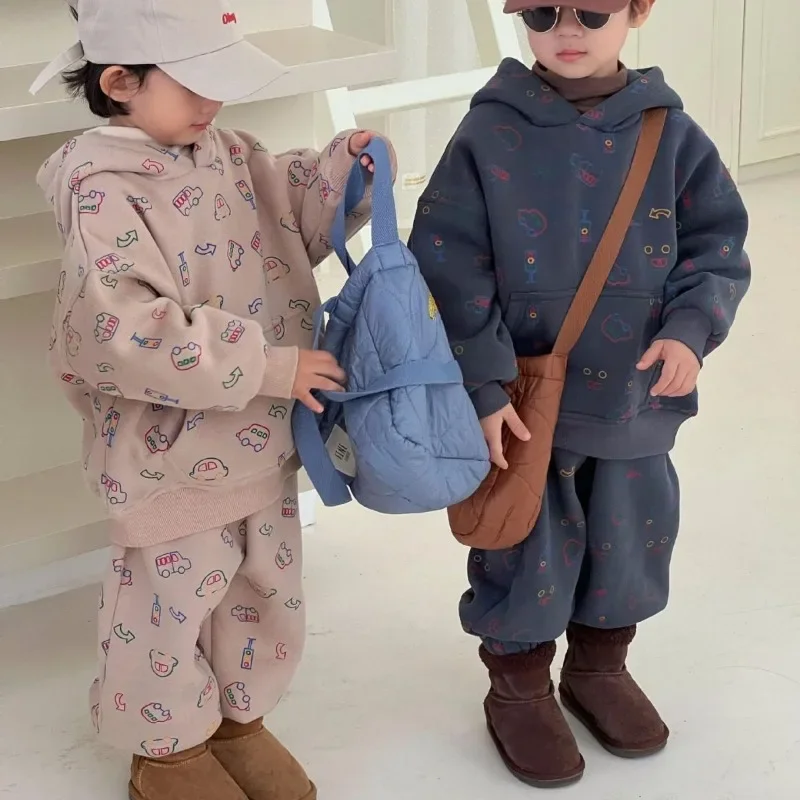 

2023 Winter Kids Clothes Set Cartoon Fleece Lining Thicken Sports Suit Boys and Girls Hoodies and Pants 2Pcs Warm Sets