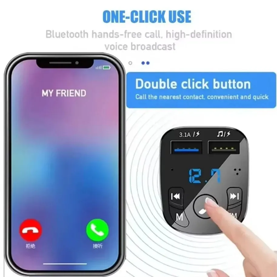 New Car Bluetooth 5.0 Cigarette Lighter Adapter FM 3.1A Dual USB Fast Charging Charge Hands Free MP3 Player with Digital Display