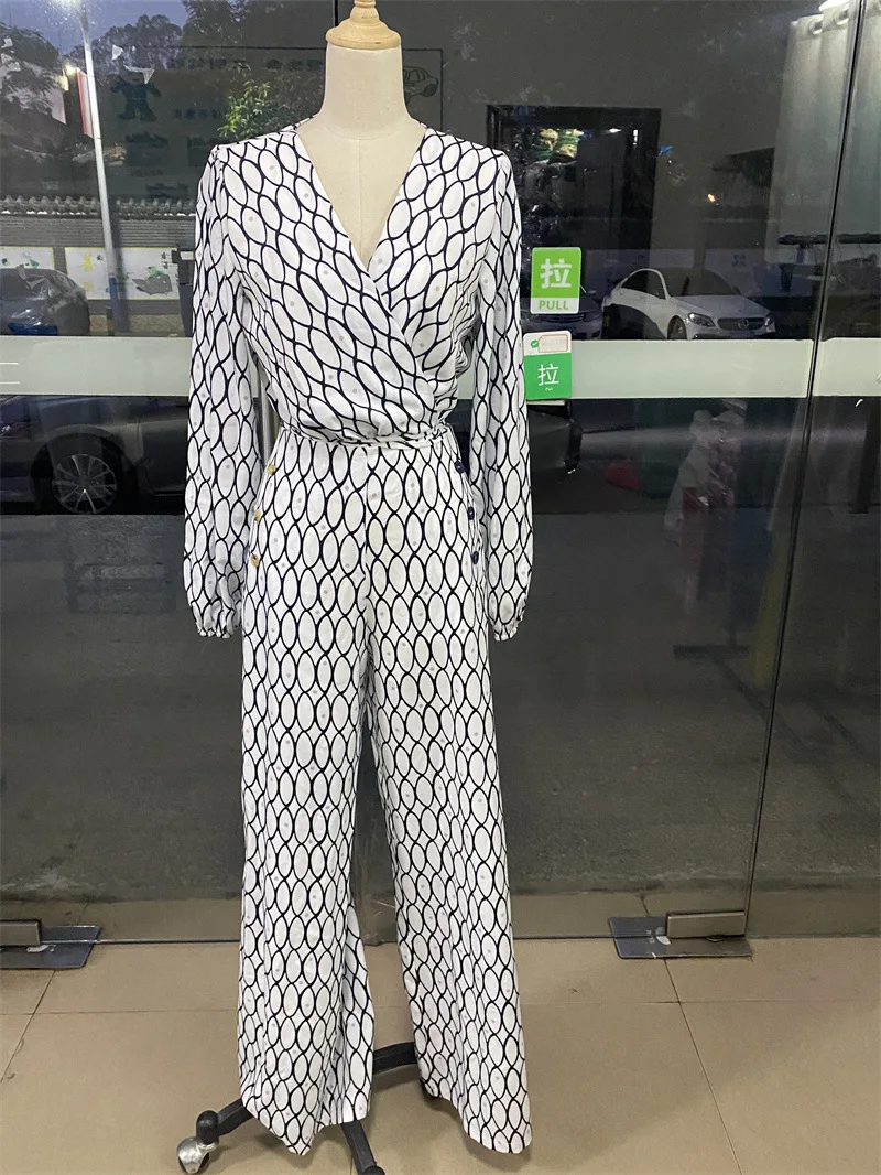 Fashion Print Pants Sets Women V-neck Long Sleeve Cropped Top High Waist Wide Leg Trousers Two Piece Set Female Trend Streetwear