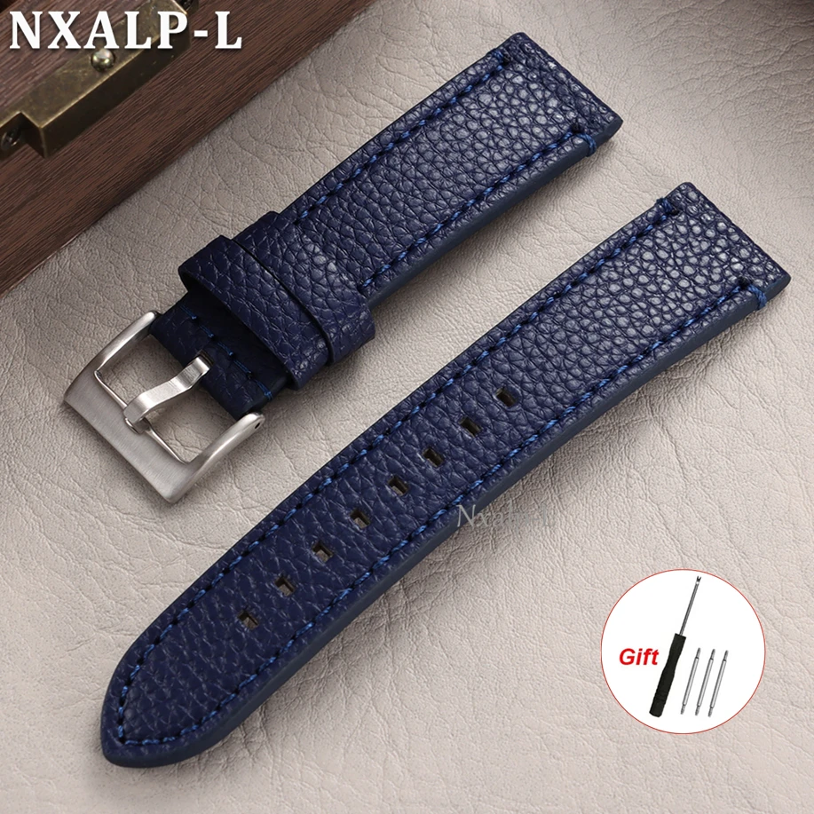 Lychee Pattern Genuine Leather Watch Band with Stitching and Metal Buckle