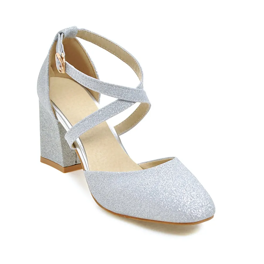 2025 أحذية بكعب سميك أنثى الترتر القماش الجنية الر...