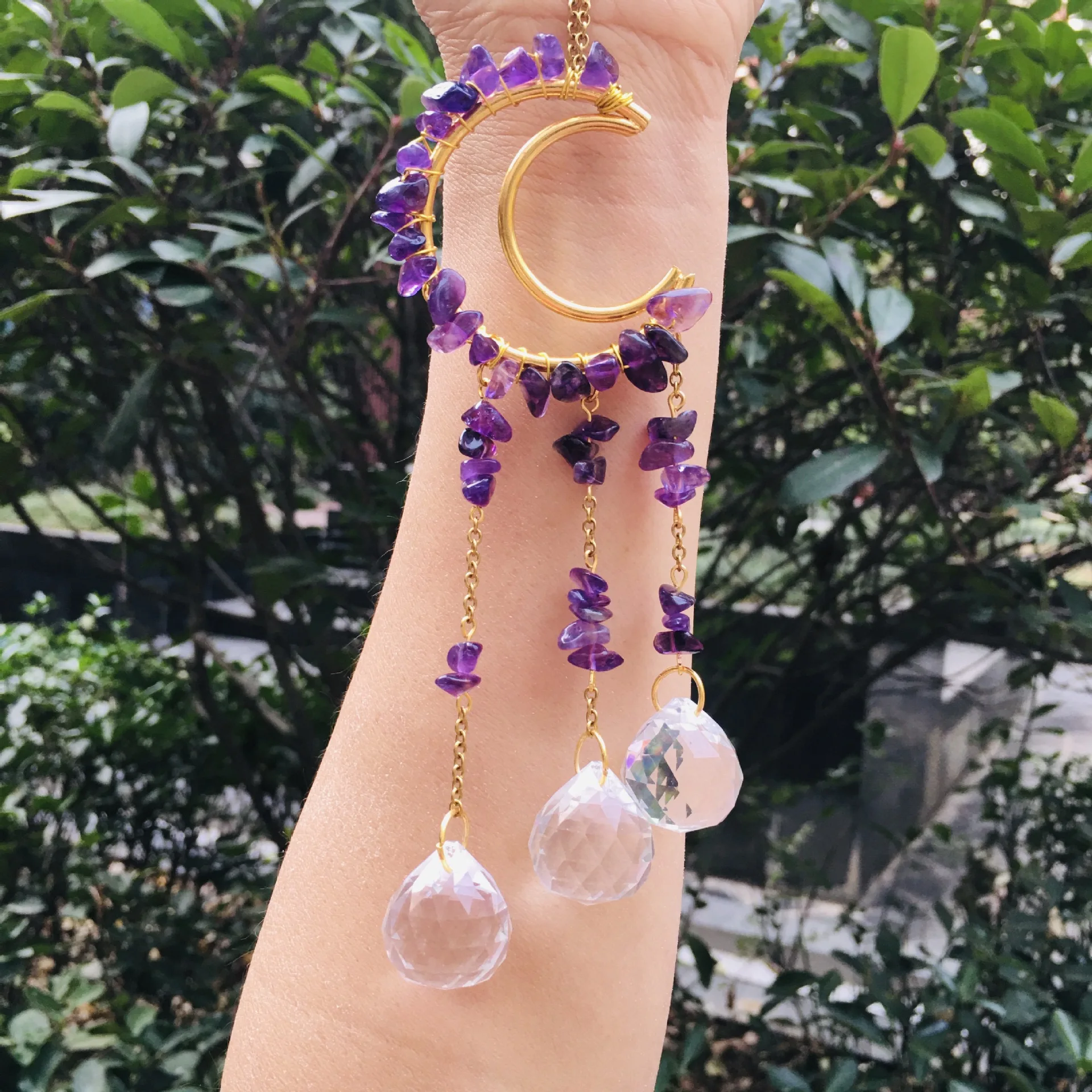 Natural Amethyst Stone Hollow Moon Crystal Decorative Wind Chime Sun Catcher Stone Necklace Crystal Necklace Jewelry Charms