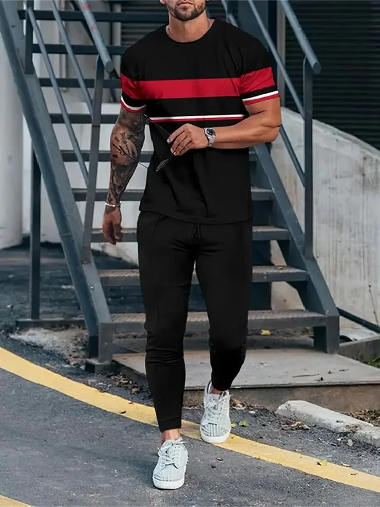 2023 Men\'s Summer Tracksuit 2 Piece Sets Short Sleeve T-Shirt+ Sweatpants Trousers Set Fashion Men Oversized Streetwear Clothing
