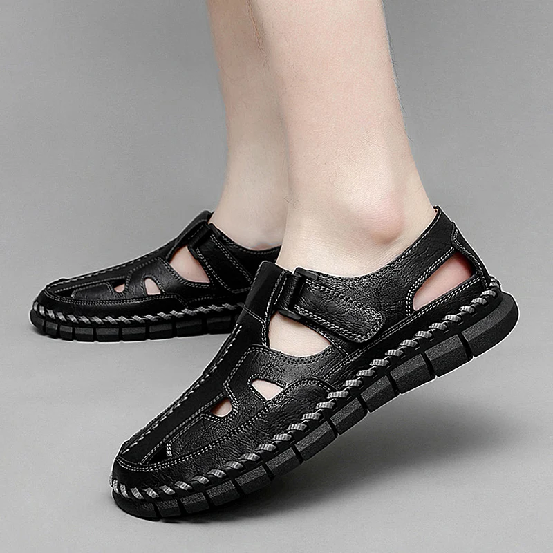 Handmade Summer Sandals Slip on Men Sandals Leather Hollow Out Men Shoes Male Comfortable Casual Footwear All-match Stylish