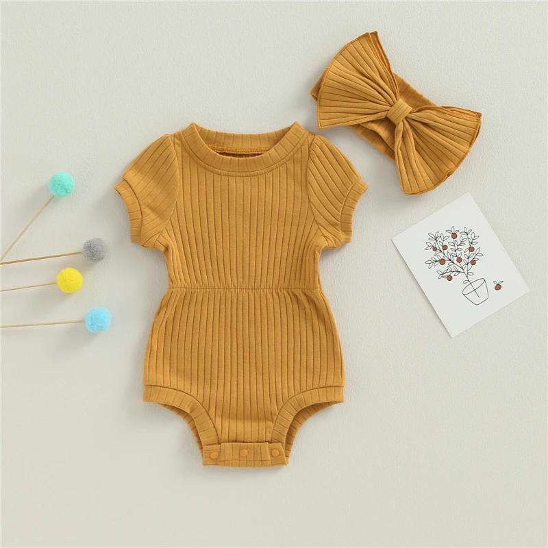 Summer Infant Baby Girls Romper Cotton Baby Jumpsuit Solid Color Short Sleeve Playsuit with Bow Headband Toddler Clothes baby clothing,baby jumpsuit,baby rompers,cotton jumpsuit