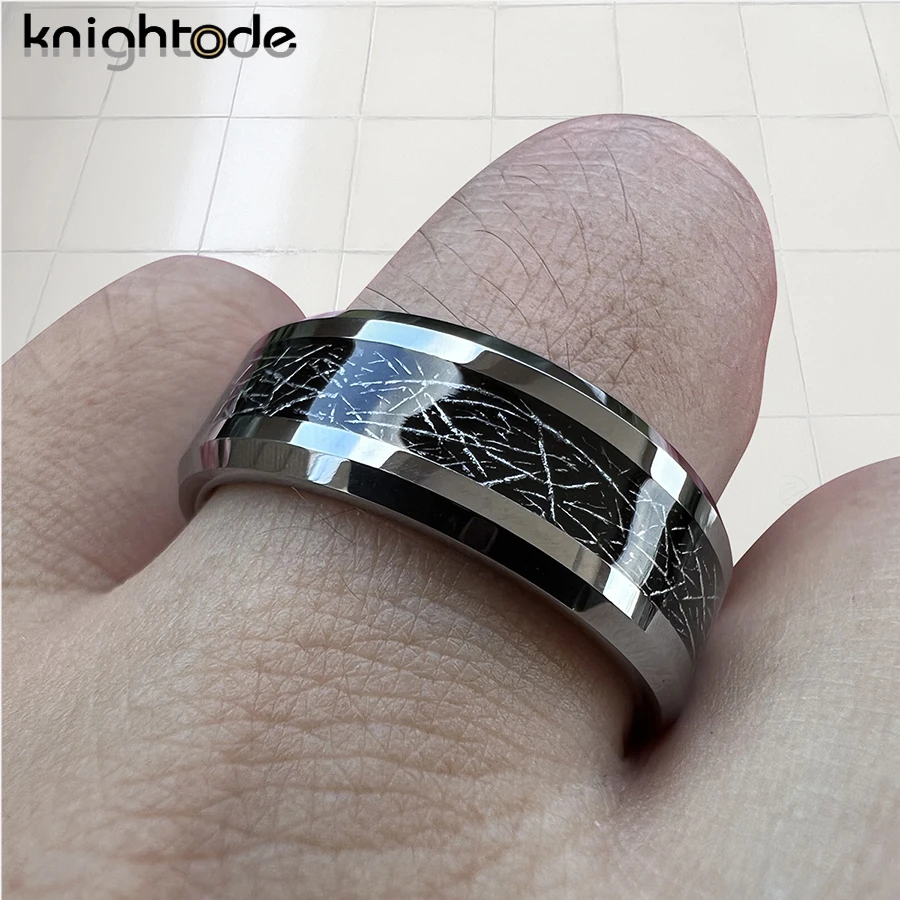 8mm Tungsten Carbide Wedding Band Black Meteorite Inlay Men Women Simple Stlye Flat Rings Beveled Edges Polished Comfort Fit