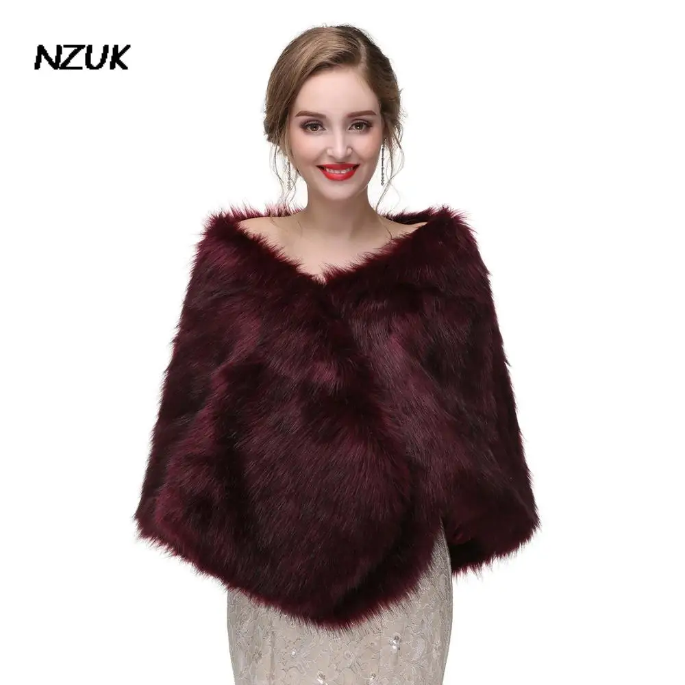 Nzuk Wine Red Faux Fur Winter Jacket Wedding Coat Women Boleros Bridal