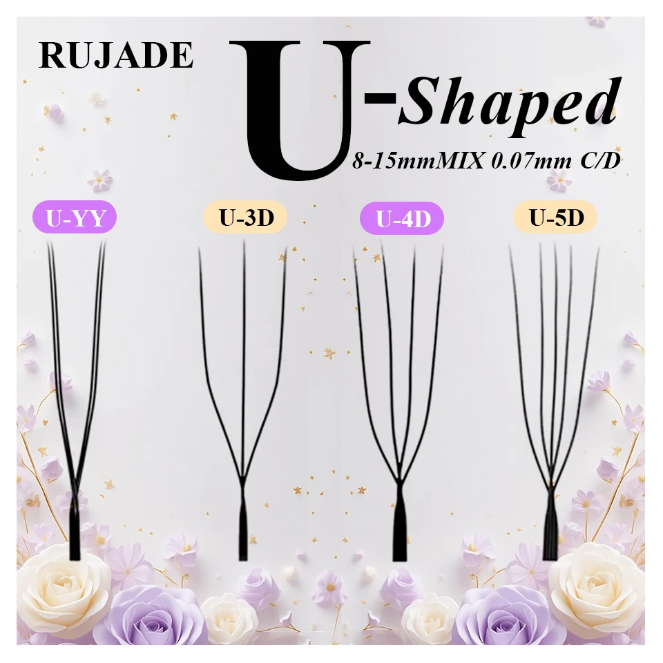 RUJADE U-förmige YY-Wimpernverlängerung, mattschwarz, natürlich, weich, U2D, U3D, U5D, W-förmige Wimpern, vorgefertigte Fächer, handgewebte Bloom-Wimpern