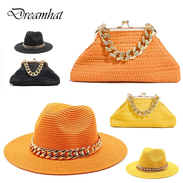 Two Piece Set Hat For Women Sunshade Sun Hat Large Chain Bag And Hat Unisex Beach Travel Straw Hat Fedoras Summer Sun Hat 2022 1