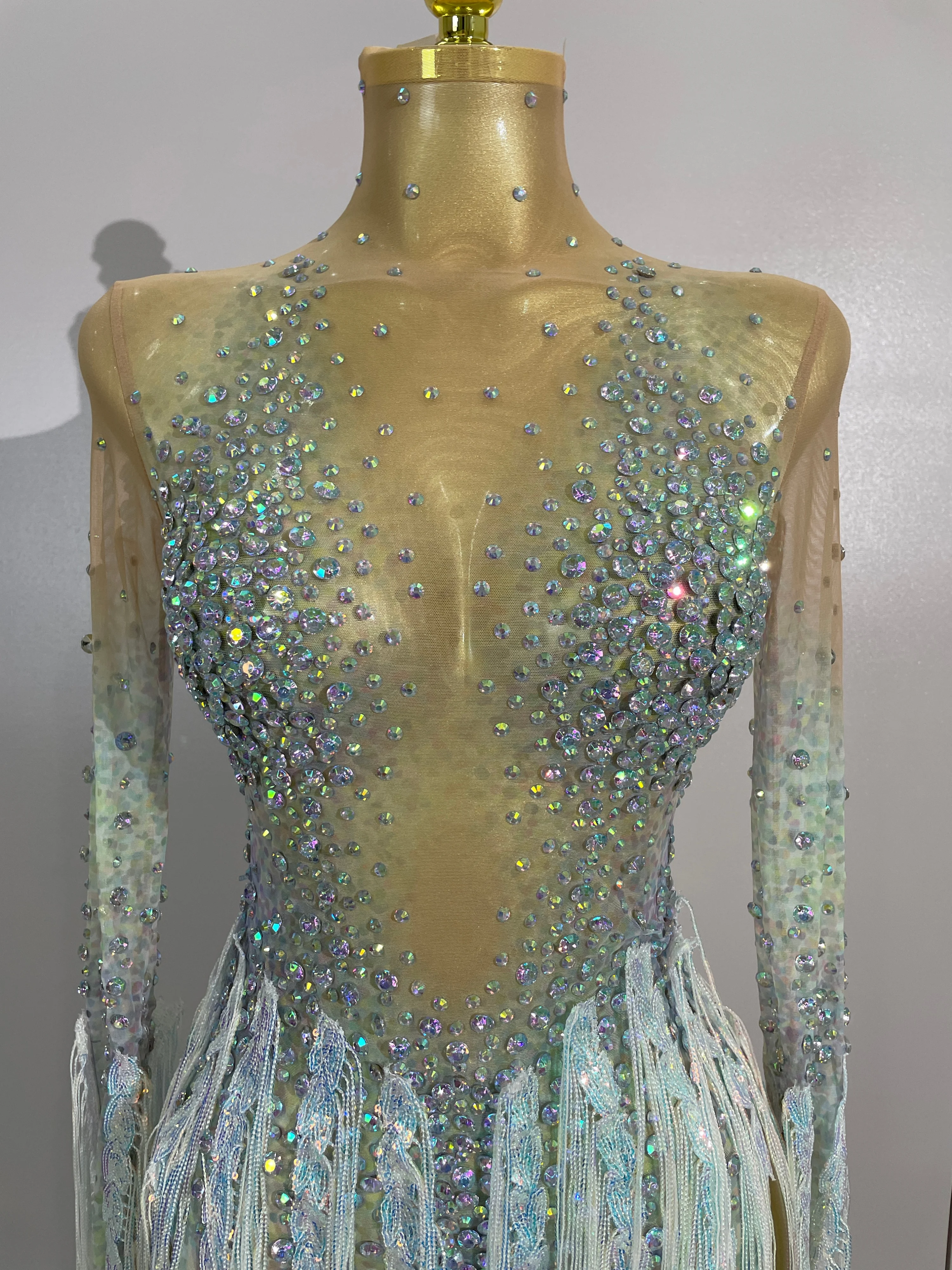 Sexy Mesh See Through Sparkly Rhinestone Tassel Long Sleeves Mini Dress 2026 Women Latin Dance Nightclub Party Club Stage Wear